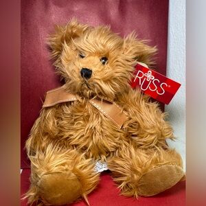 Russ Berrie Gregory teddy bear plush 6 inches tall fuzzy tan fur and a ribbon
